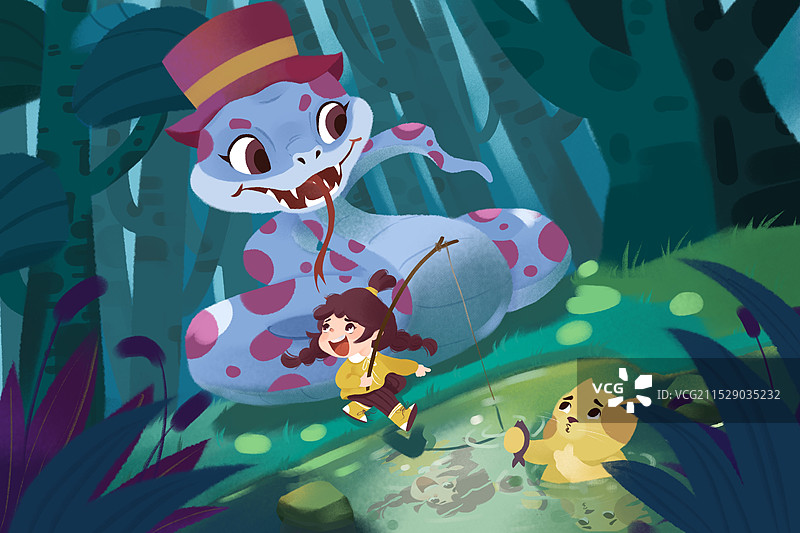 森林里钓鱼遇到友善大蛇出没图片素材