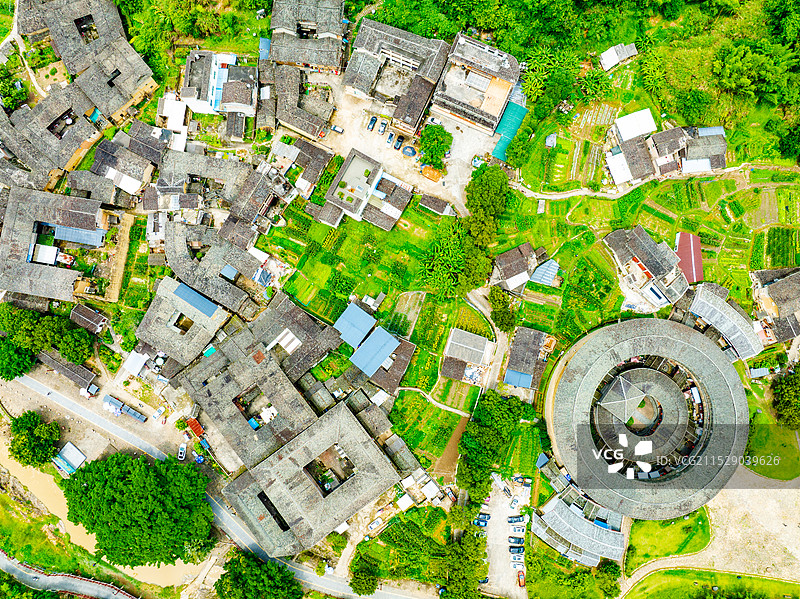 福建土楼洪坑土楼全景航拍图片素材
