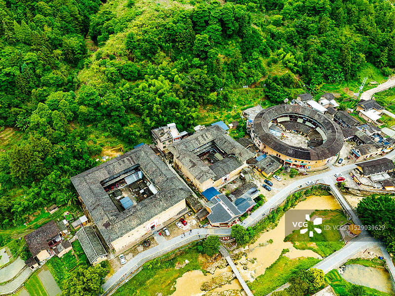 福建土楼洪坑土楼全景航拍图片素材