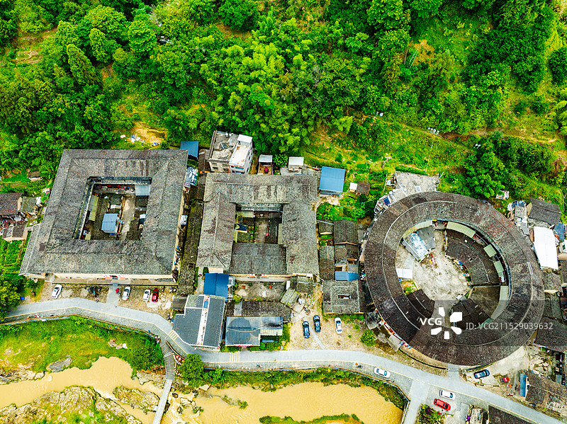 福建土楼洪坑土楼全景航拍图片素材