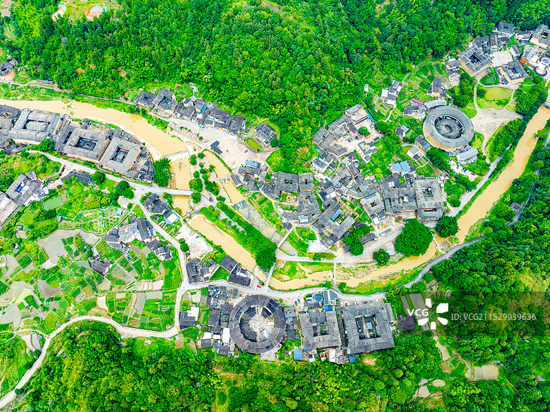 福建土楼洪坑土楼全景航拍图片素材