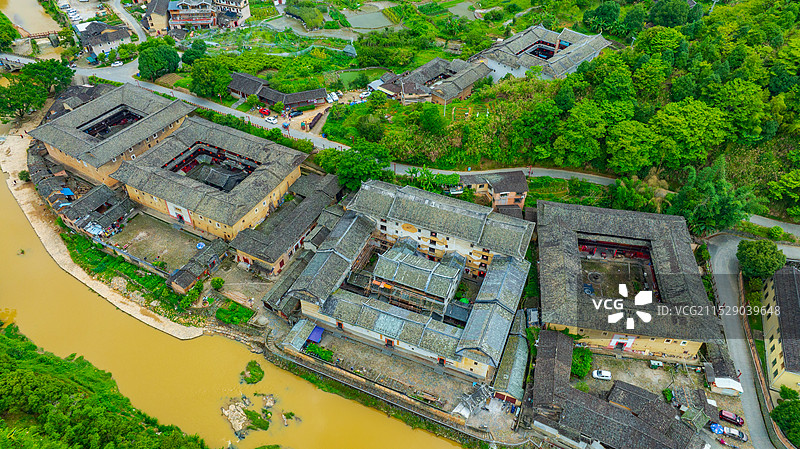 福建土楼洪坑土楼全景航拍图片素材