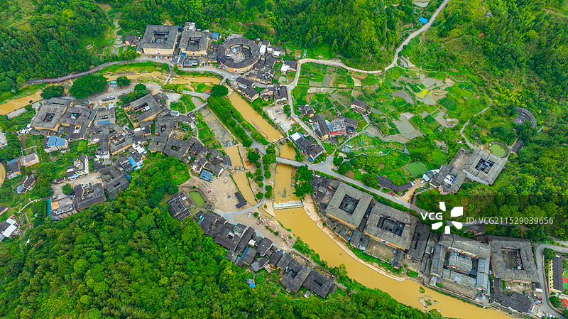 福建土楼洪坑土楼全景航拍图片素材