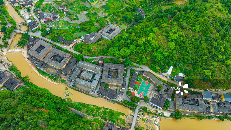 福建土楼洪坑土楼全景航拍图片素材