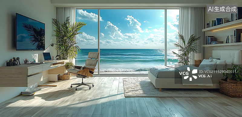 【AI数字艺术】海景房现代风格卧室图片素材