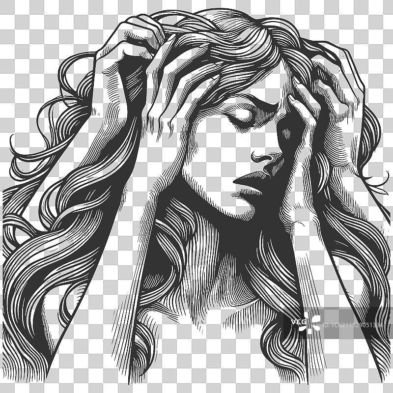 情绪激动的女性捂着头，显得痛苦不堪图片素材