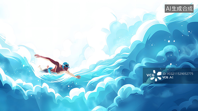 【AI数字艺术】游泳运动员在碧蓝的天空海洋中游泳图片素材
