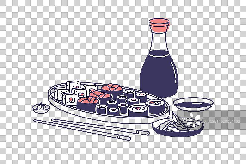 传统寿司卷拼盘与筷子图片素材