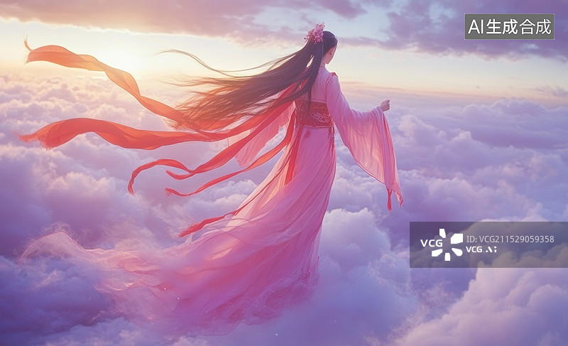 【AI数字艺术】一位身穿白色长裙的女性，她站在云端，背景是绚丽的日落天空。她的头发和衣摆随风飘扬，营造出一种梦幻图片素材