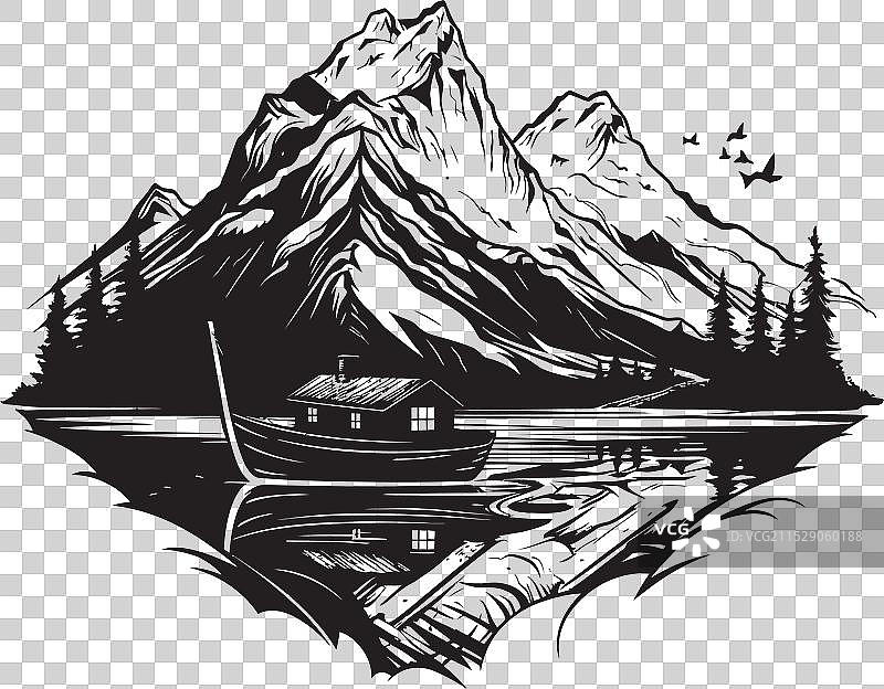 山顶游船小屋湖泊奥德赛与船只图片素材