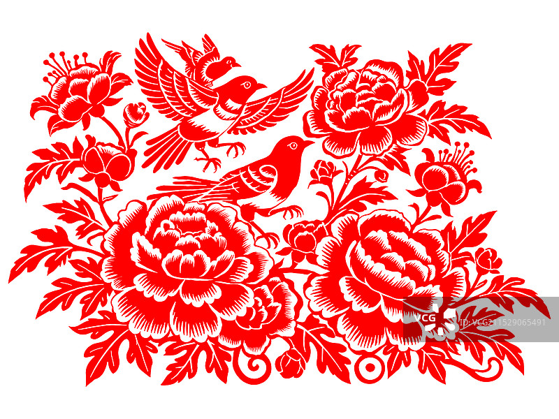 春节喜鹊牡丹剪纸图片素材