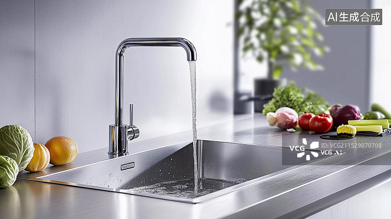 【AI数字艺术】现代厨房水槽洗菜池特写图片素材