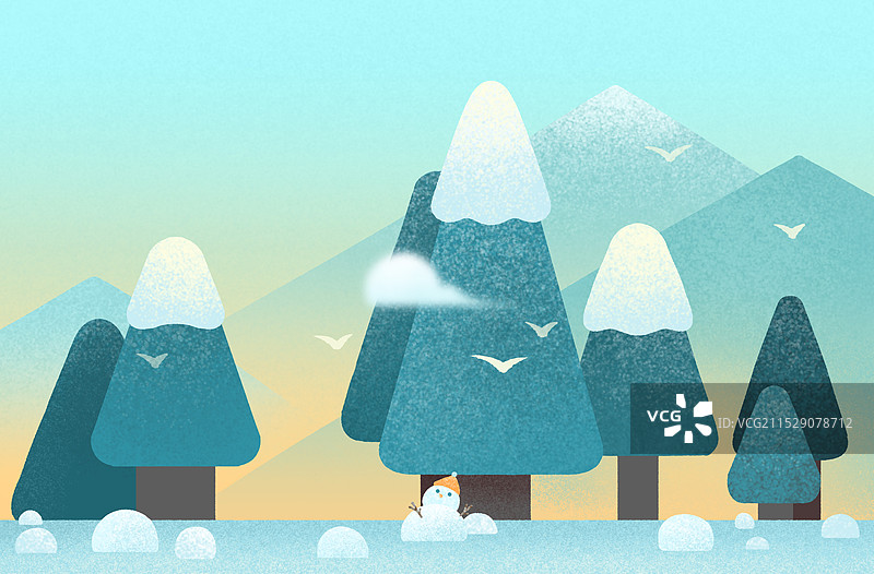 冬日日落雪松小雪人温馨插画图片素材