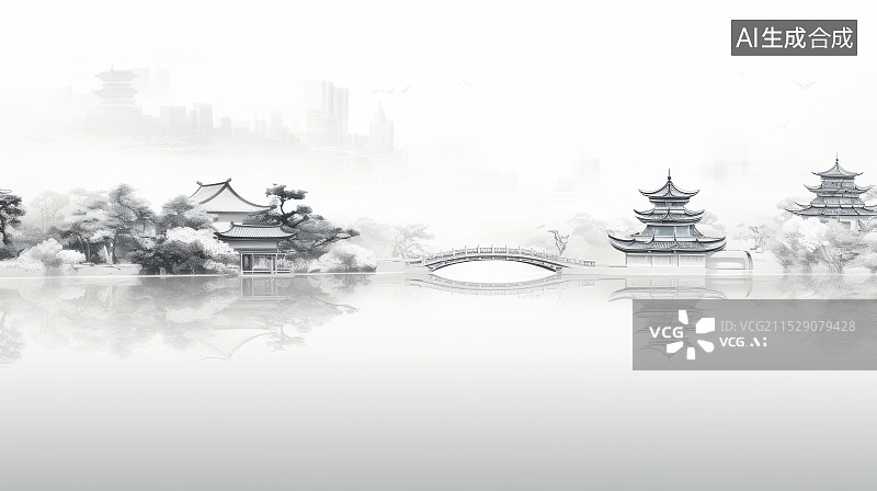 【AI数字艺术】中国古风古典建筑的空旷广场背景图插画图片素材