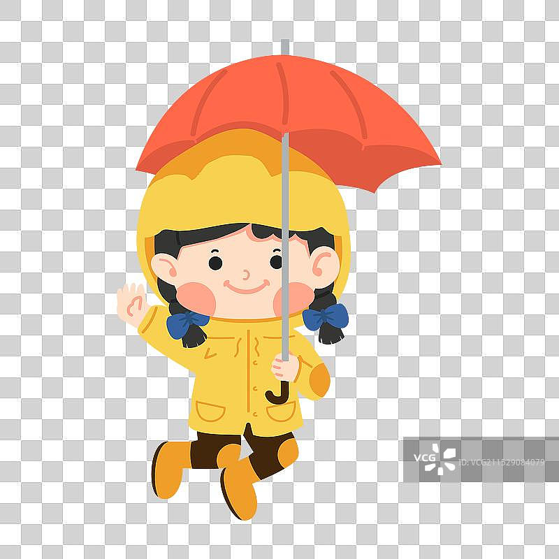 穿着黄色雨衣的小女孩在雨中跳跃图片素材
