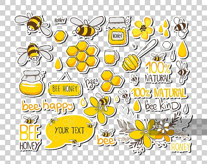 可爱的蜜蜂和蜂蜜字母组合及其他元素图片素材