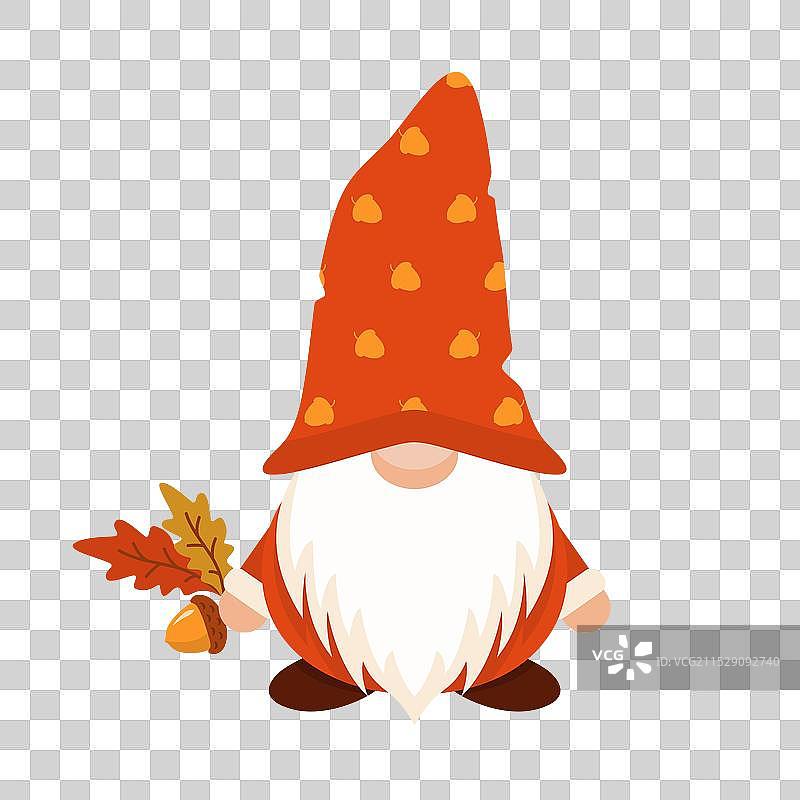 秋天的侏儒戴着橙色长帽，手里拿着橡果图片素材