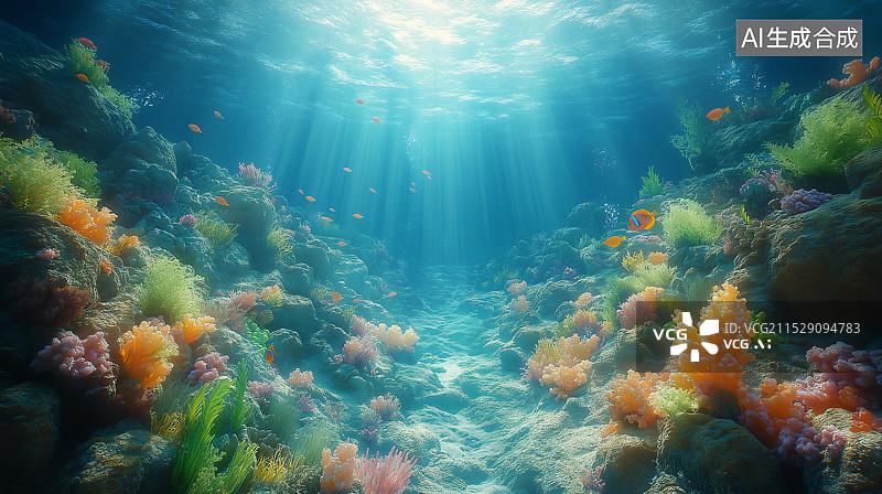 【AI数字艺术】海底世界，珊瑚美丽，海水湛蓝清澈，阳光透入，海藻伴岩石，高分辨率呈现梦幻美景。图片素材