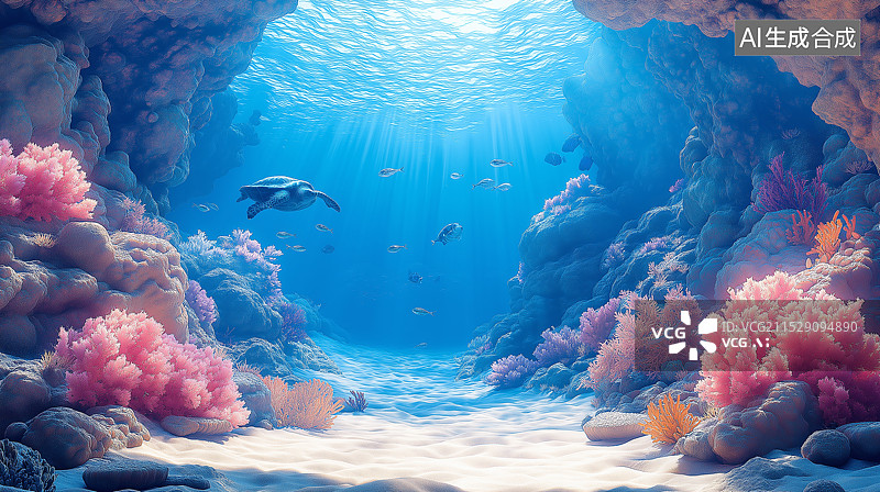 【AI数字艺术】海底世界，珊瑚美丽，海水湛蓝清澈，阳光透入，海藻伴岩石，高分辨率呈现梦幻美景。图片素材