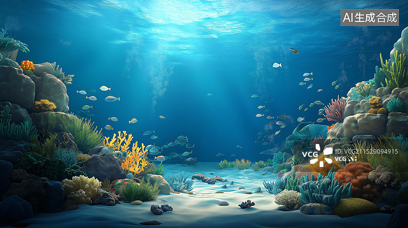 【AI数字艺术】海底世界，珊瑚美丽，海水湛蓝清澈，阳光透入，海藻伴岩石，高分辨率呈现梦幻美景。图片素材