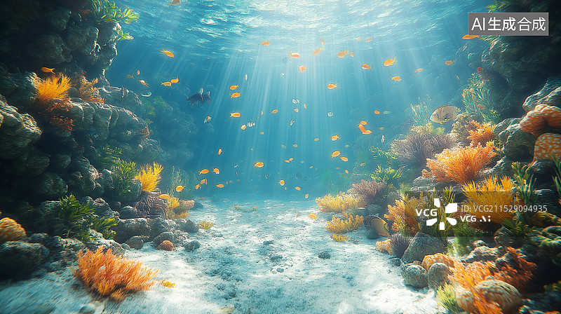 【AI数字艺术】海底世界，珊瑚美丽，海水湛蓝清澈，阳光透入，海藻伴岩石，高分辨率呈现梦幻美景。图片素材
