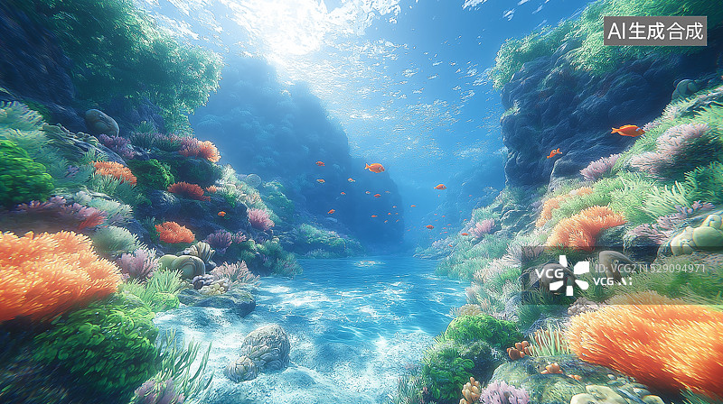 【AI数字艺术】海底世界，珊瑚美丽，海水湛蓝清澈，阳光透入，海藻伴岩石，高分辨率呈现梦幻美景。图片素材