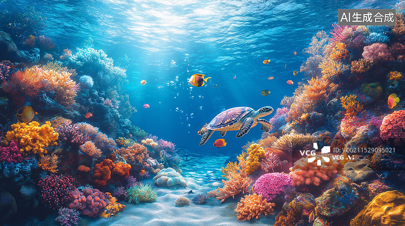 【AI数字艺术】海底世界，珊瑚美丽，海水湛蓝清澈，阳光透入，海藻伴岩石，高分辨率呈现梦幻美景。图片素材