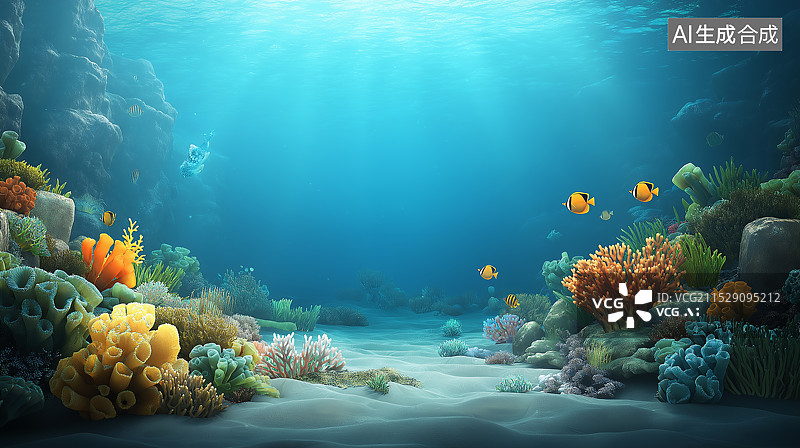 【AI数字艺术】海底世界，珊瑚美丽，海水湛蓝清澈，阳光透入，海藻伴岩石，高分辨率呈现梦幻美景。图片素材