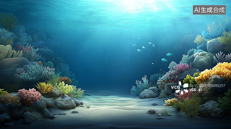【AI数字艺术】海底世界，珊瑚美丽，海水湛蓝清澈，阳光透入，海藻伴岩石，高分辨率呈现梦幻美景。图片素材
