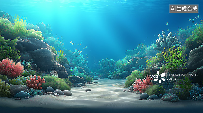 【AI数字艺术】海底世界，珊瑚美丽，海水湛蓝清澈，阳光透入，海藻伴岩石，高分辨率呈现梦幻美景。图片素材