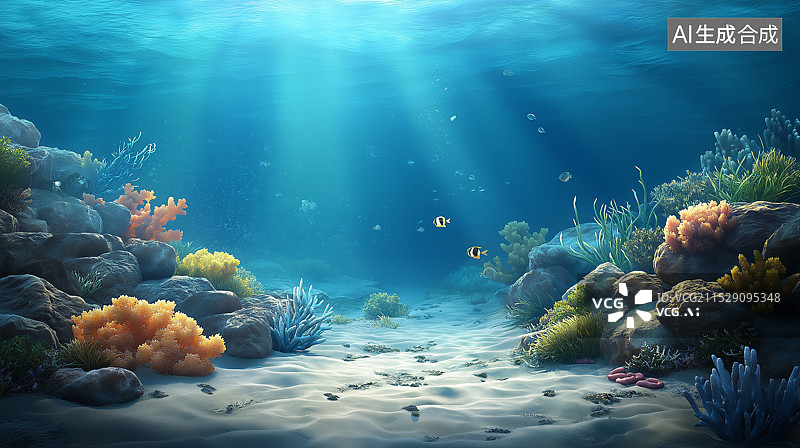 【AI数字艺术】海底世界，珊瑚美丽，海水湛蓝清澈，阳光透入，海藻伴岩石，高分辨率呈现梦幻美景。图片素材
