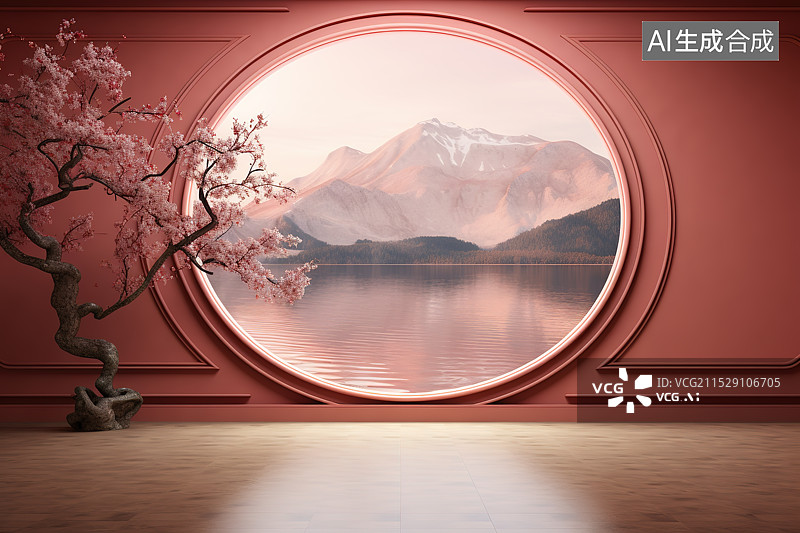 【AI数字艺术】红色中式庭院产品展台和窗外的山水风景图片素材