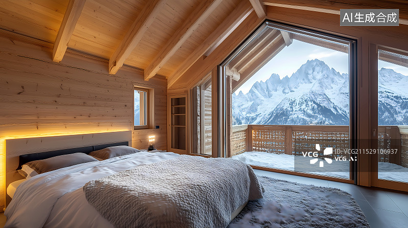 【AI数字艺术】雪山木屋的室内环境图片素材