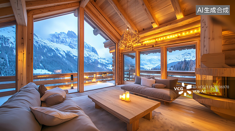 【AI数字艺术】雪山木屋的室内环境图片素材