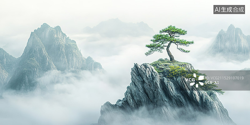 【AI数字艺术】中式山间云雾背景下的一颗奇松图片素材