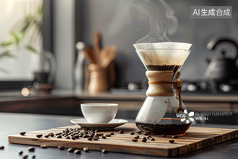 【AI数字艺术】放在砧板上的手冲滴滤咖啡图片素材