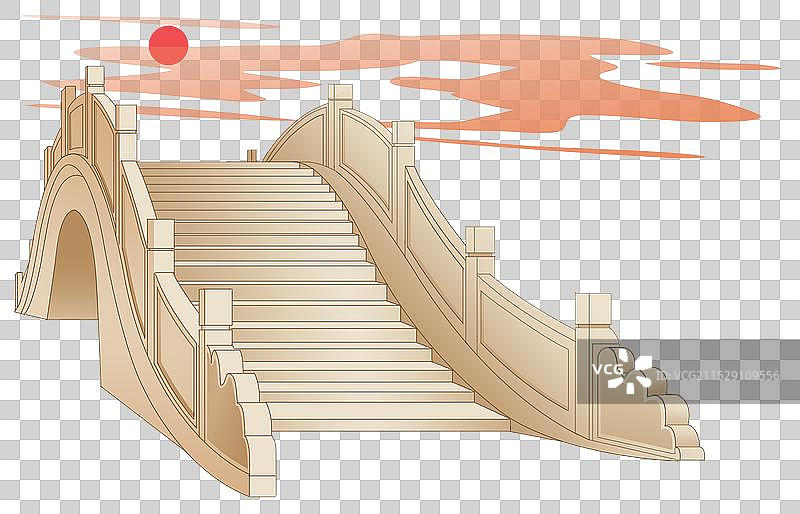 中国风新中式古风古典传统文化古建筑石桥桥梁风景云雾太阳资讯卡通插画图片素材