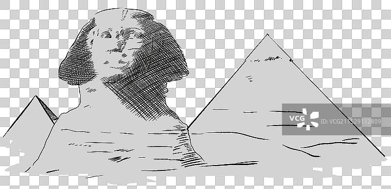 线条白描素描四大文明古国古文明古文化历史传统古建筑埃及金字塔狮身人面像元素素材卡通插画图片素材