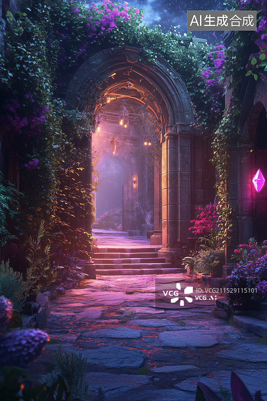 【AI数字艺术】夜晚奇幻仙境古典欧式建筑庭院游戏概念设计图片素材