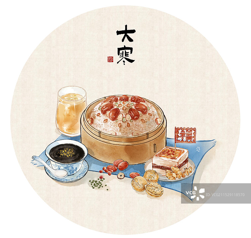 八宝饭消寒糕芝麻糊柚子茶大寒节气中国传统美食—国画古风水墨国风海报设计模板图片素材