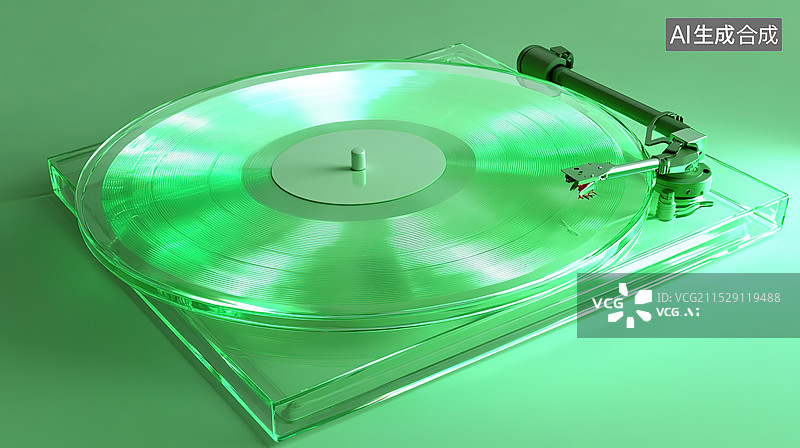 【AI数字艺术】一台3D渲染的卡通唱片机透明霓虹灯浅绿色渐变背景复古极简和现代美学于科技和爱好设计元素图片素材