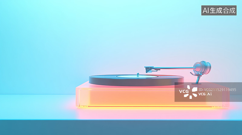 【AI数字艺术】一台3D渲染的卡通唱片机透明霓虹灯浅绿色渐变背景复古极简和现代美学于科技和爱好设计元素图片素材