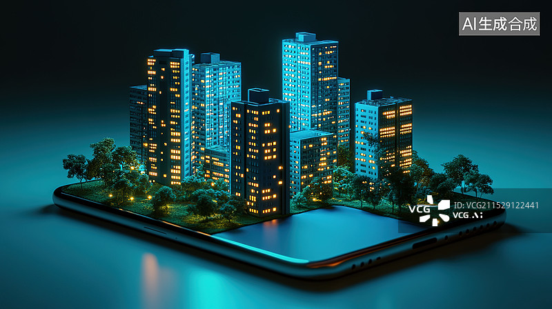 【AI数字艺术】一部手机上夜晚的新型网络城市灯火通明房地产开发商宣传背景蓝色发光保护罩绿色环保楼盘不动产房产投资图片素材