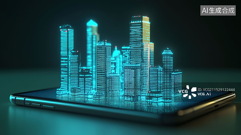 【AI数字艺术】一部手机上夜晚的新型网络城市灯火通明房地产开发商宣传背景蓝色发光保护罩绿色环保楼盘不动产房产投资图片素材