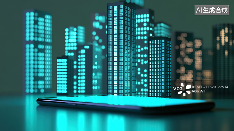 【AI数字艺术】一部手机上夜晚的新型网络城市灯火通明房地产开发商宣传背景蓝色发光保护罩绿色环保楼盘不动产房产投资图片素材