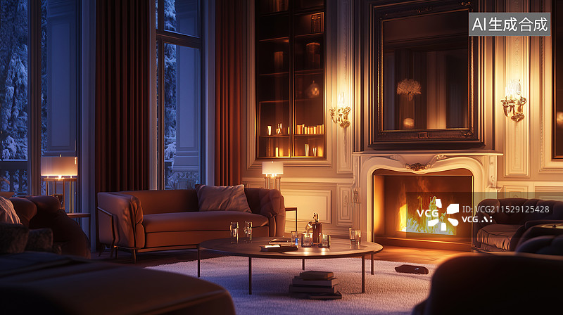【AI数字艺术】冬天温暖的室内壁炉正烤着火图片素材