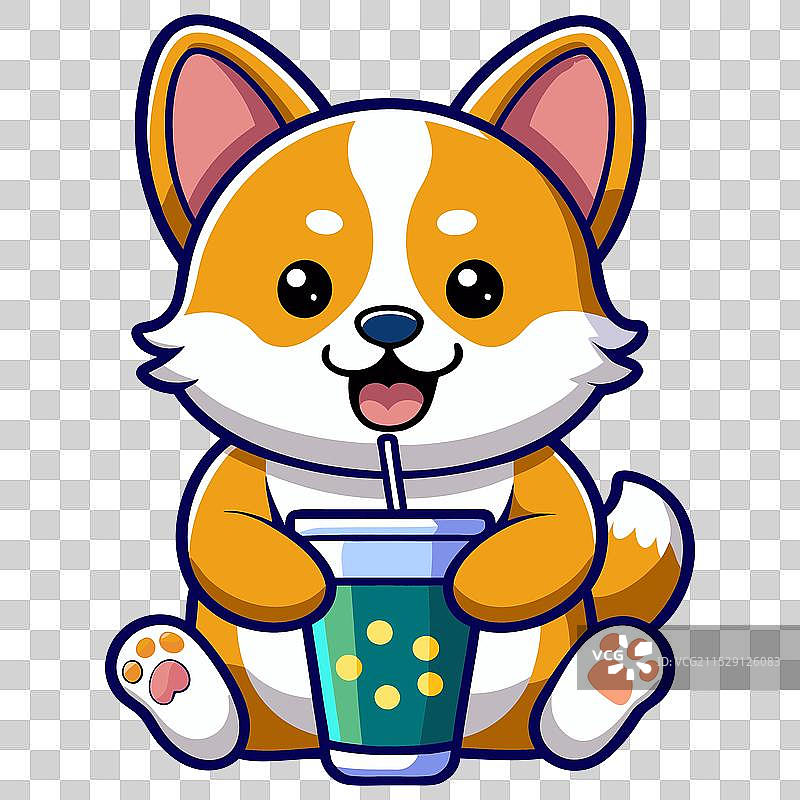 可爱的柯基喝奶茶卡通图图片素材