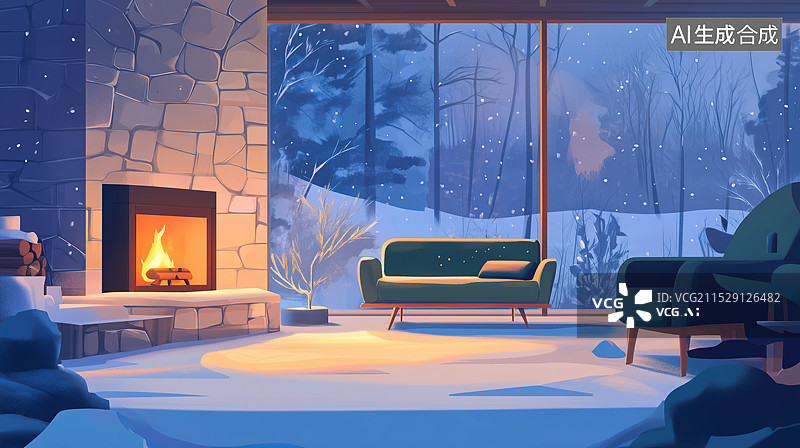 【AI数字艺术】温暖的客厅壁炉烤着火插画图片素材