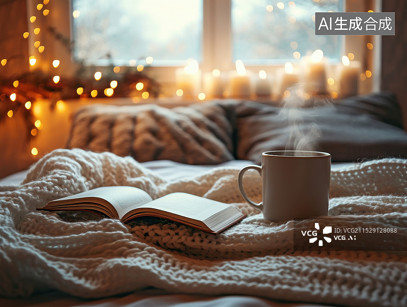 【AI数字艺术】温暖温馨取暖，在舒适的阅读角柔软的毯子跳动的烛光和一本摊开的书图片素材