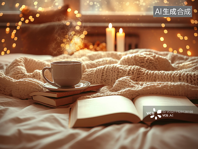 【AI数字艺术】温暖温馨取暖，在舒适的阅读角柔软的毯子跳动的烛光和一本摊开的书图片素材